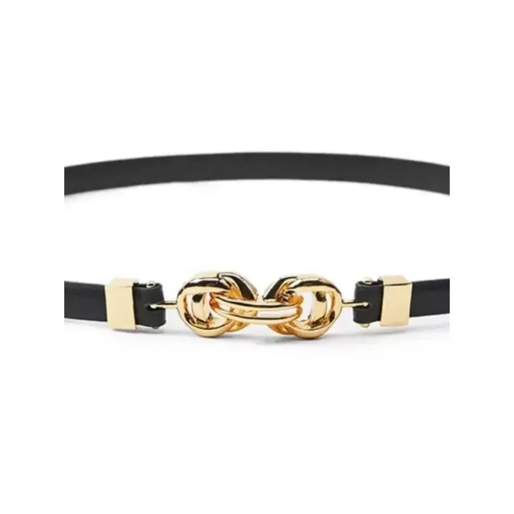 Zara BLACK THIN LEATHER BELT WITH GOLD METAL BUCKLE CLOSURE